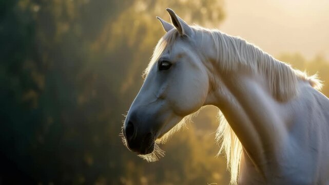 A detailed portrait capturing the essence of a noble steed, its face lit up by natural light, reflecting the serene beauty of nature.