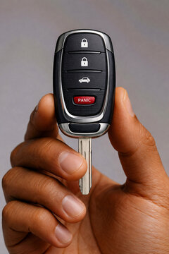 Close-up of hand holding car key fob remote with buttons, grey background