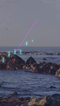 Vertical video: Start showing cyan bars and purple curve sliding over rocky shore, mapping sea data