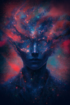 Silhouette of person with cosmic galaxy inside head, concept of imagination and consciousness