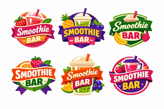 Smoothie bar logos and emblems set, fresh fruit healthy drinks branding designs with berries and pineapple