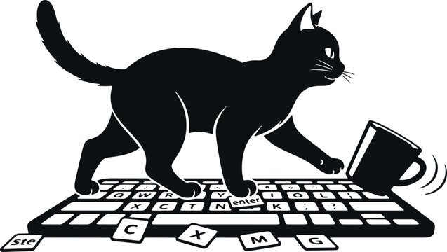 Black cat silhouette walking on a keyboard, knocking over a coffee mug, playful mischief.