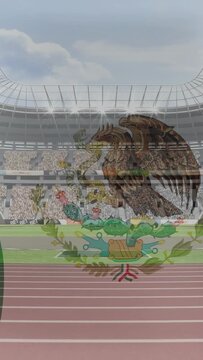 Vertical video: Start showing Mexican emblem shifting over stadium with left flag stripe for focus