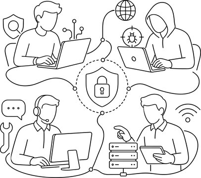 Cyber Security and Digital Protection Concept Illustration with Network Monitoring, Data Privacy, IT Support, Hacking Prevention and Server Infrastructure Management in Thin Line Art Style