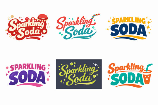 Collection of sparkling soda logos for carbonated drinks, showing diverse beverage branding and fizzy lettering designs