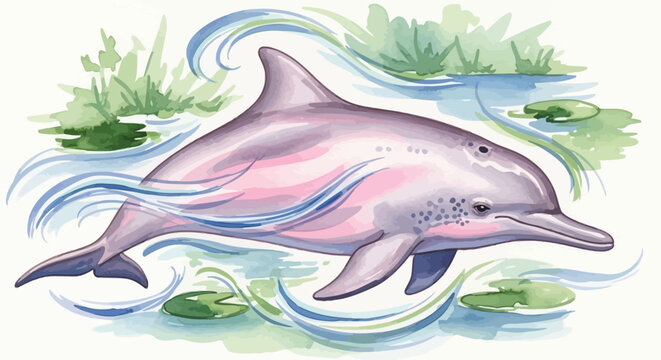 Graceful Pink River Dolphin Swimming in a Watercolor Pond