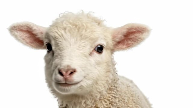 A young lamb close-up headshot isolated on a white background, cute baby farm animal with soft woolly coat and innocent gentle expression, ultra-realistic, no logos.