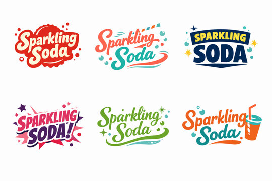 Sparkling soda drink logos set, featuring refreshing bubbly beverage typography labels with retro and modern designs