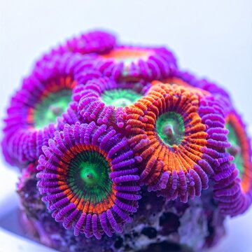 Macro closeup of vibrant neon zoanthid coral polyps with bright purple tentacles and emerald green centers, marine aquarium life photography