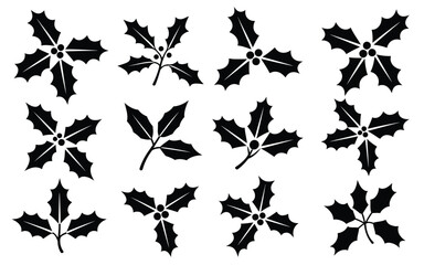Fototapeta premium Black holly leaves and berries illustrations on white background festive christmas symbols holiday decoration elements botanical icons