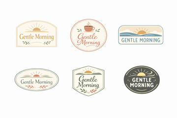 Obraz premium Set of gentle morning logo designs featuring sunrises, hills, waves, coffee cups, leaves in aesthetic style