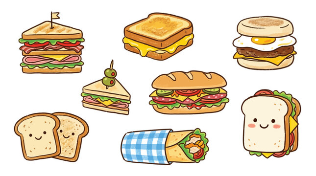 A delightful collection of cute, kawaii-style illustrations featuring various sandwiches, a wrap, and toast with smiling faces, perfect for food-themed designs.