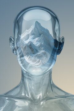 Transparent human head with snow-capped mountain inside, concept of inner strength and resilience