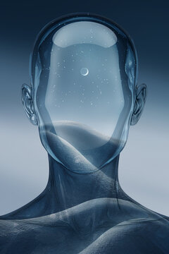 Transparent human head with desert landscape and clear sky inside, concept of calm mindset