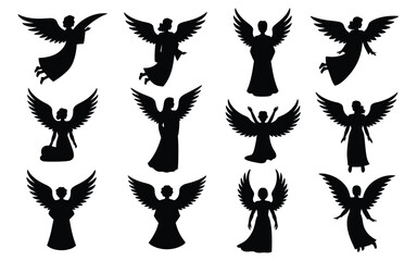 Collection of black silhouette angel illustrations in various poses on white background © Shela