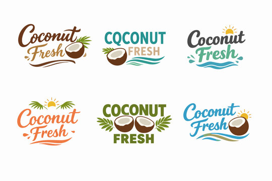 Coconut fresh drink logos set, tropical organic fruit beverage branding with water splashes and sun