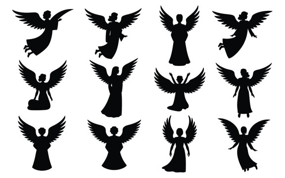 Collection of black silhouette angel illustrations in various poses on white background