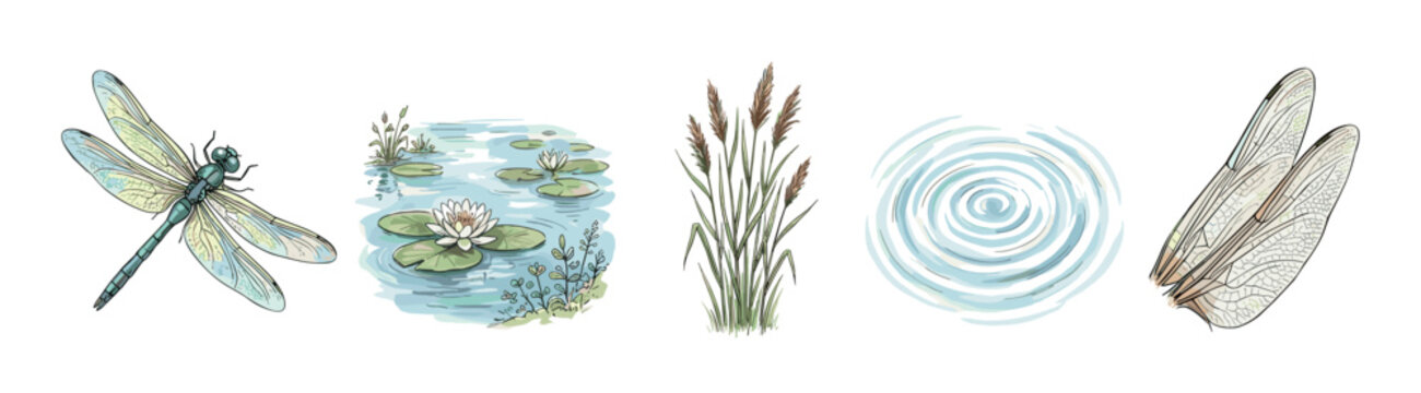 Dragonfly pond water lilies reeds and ripples are delicately hand-drawn in a charming watercolor style, depicting serene aquatic nature elements.