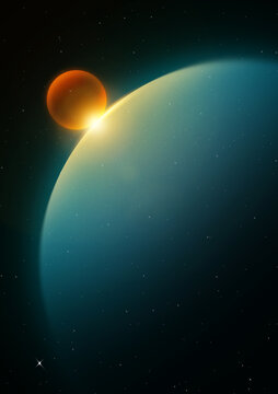 Blue exoplanet with glowing orange moon behind it in deep space, science fiction concept