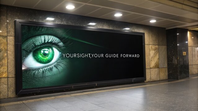Emerald green eye with guiding text on billboard