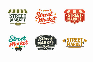 Obraz premium Street market logos collection displaying various styles for local farm produce, food bazaar, and retail badge designs