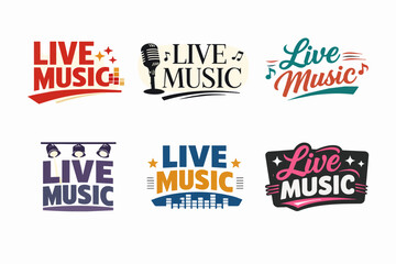 Fototapeta premium Live music emblems vector set, illustrating concert symbols, sound waves, spotlights, and microphones for events and festivals