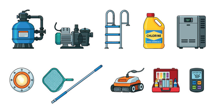 Swimming pool equipment and supplies set for maintenance and cleaning, including pumps, filters, chemicals, and various tools, essential for keeping water pristine.