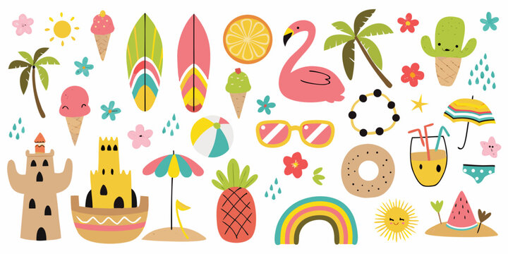 collection of cute flat vector summer icons on white background
