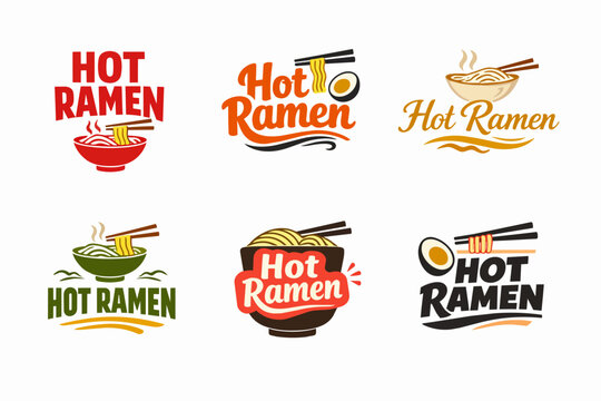 Hot ramen noodle logo collection presenting asian food bowls, chopsticks, and eggs for restaurant branding