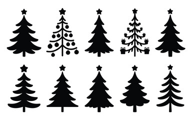 Obraz premium Various christmas tree silhouettes with decorations and stars on white background