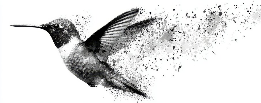Artistic black and white illustration of  hummingbird dissolving into small ink splashes