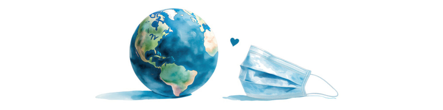 planet earth globe next to  blue medical face mask with  small heart symbol between them