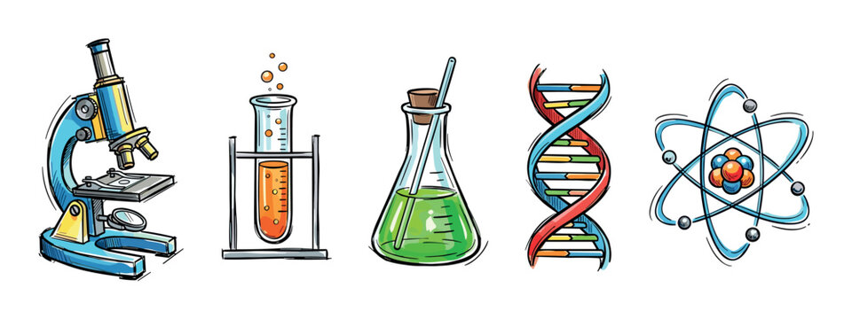 Science icons and symbols representing various fields of research and discovery, including biology, chemistry, and physics, in a vibrant hand-drawn illustration style.