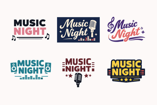 Set of various music night logos displaying design elements like microphones, musical notes, speakers, and audio equalizer graphics