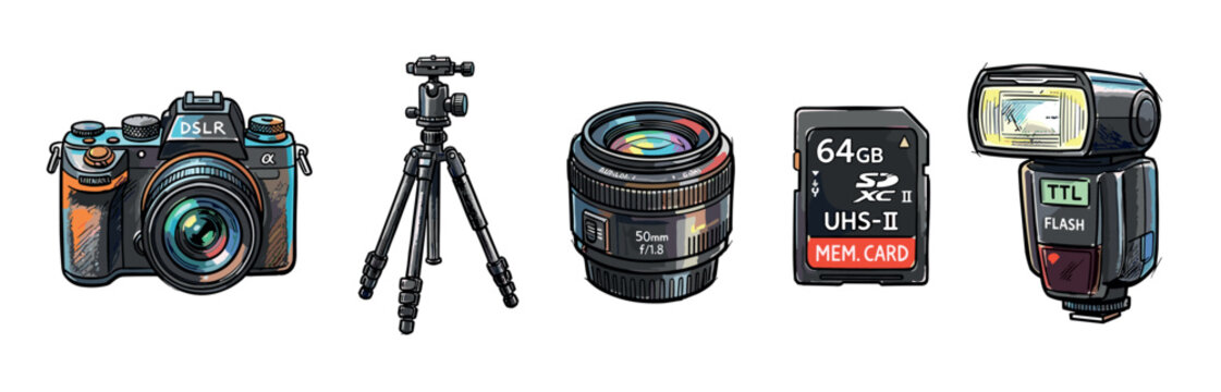 Photography equipment collection featuring a DSLR camera, sturdy tripod, prime lens, high-speed memory card, and powerful external flash unit for professional imaging.