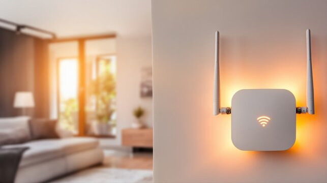A modern Wi-Fi router with glowing signal icon is mounted on a wall, casting a warm light. This ultra-realistic smart home scene radiates comfort and high-speed internet.