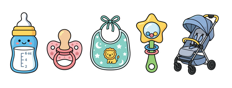 Baby items collection featuring a cute smiling bottle, a pink pacifier, a lion bib, a star rattle, and a blue stroller, representing essential newborn accessories.