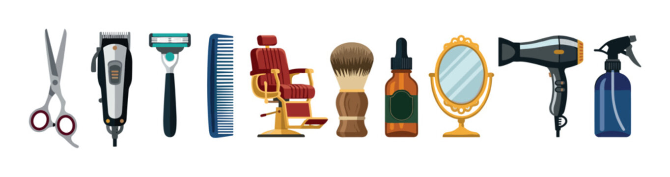 Hairdressing and barber tools equipment for professional grooming services are neatly arranged in a horizontal line, showcasing a variety of essential items for styling.