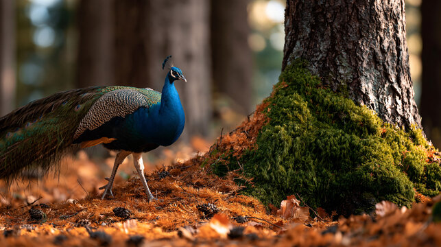 Peacock in Woodland A majestic peacock struts through a forest, its vibrant plumage creating a stunning contrast against the natural hues of the woodland floor, a true spectacle of nature.