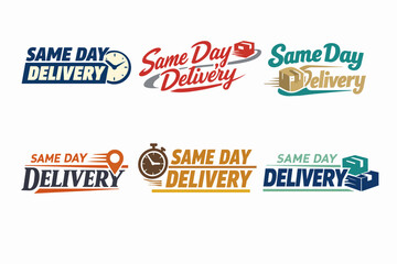 Obraz premium Same day delivery service logos set offering fast shipping, express courier packages, and quick logistic solutions