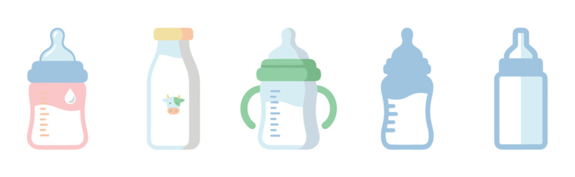 Various baby bottles and milk containers are depicted in a colorful flat vector illustration, showcasing different designs for infant feeding.
