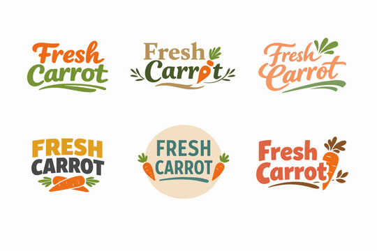 Collection of fresh carrot logos, displaying various typographic badges and organic vegetable labels for farm food branding