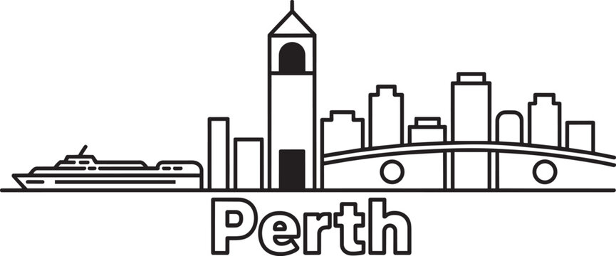 Perth skyline vector illustration featuring a boat and modern buildings with a bridge across the water