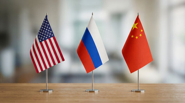 USA Russia And China Miniature Desk Flags Trilateral Diplomatic Meeting Scene JPG