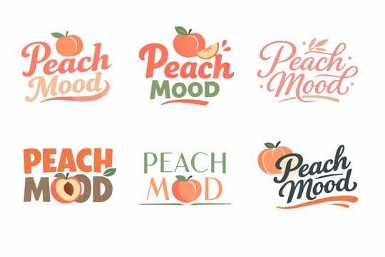 Peach mood logo designs featuring various calligraphic, bold, and modern typography styles with colorful peach fruit elements