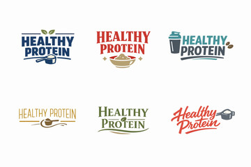 Naklejka premium Healthy protein nutrition supplement logos set, fitness and wellness branding concept, clean eating emblems design