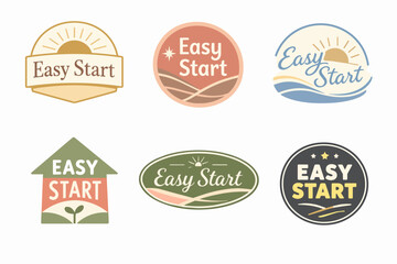 Obraz premium Easy start logo designs featuring nature elements, sun, waves, hills, and a house, symbolizing new beginnings and growth