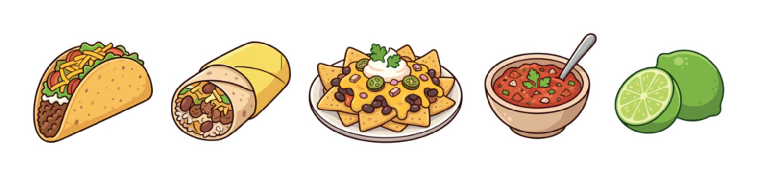 Delicious Mexican food items including tacos, burritos, and nachos served with fresh salsa and zesty limes, presented in a vibrant cartoon style.