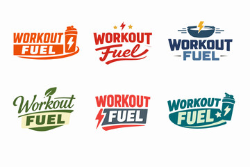 Obraz premium Collection of workout fuel logo designs representing fitness nutrition, energy drink brands, and supplement packaging