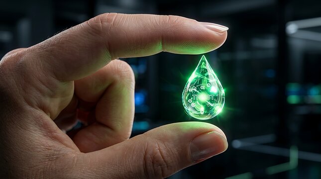 Hand holding glowing green drop with trust symbol inside light circuit digital.